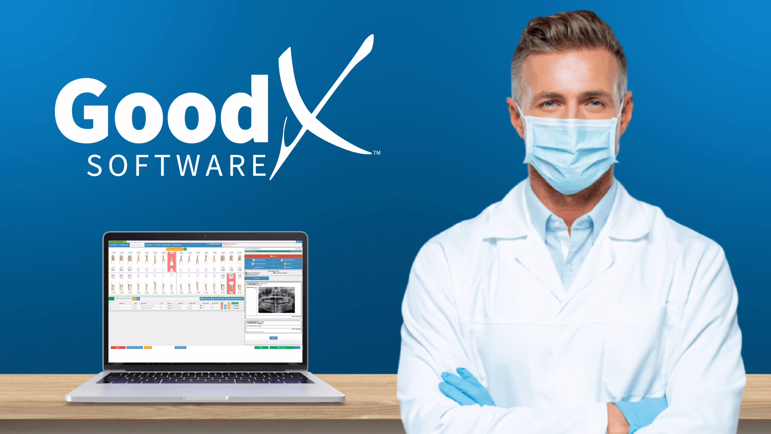 Dentist using dental practice management software to manage patient records in a modern clinic.