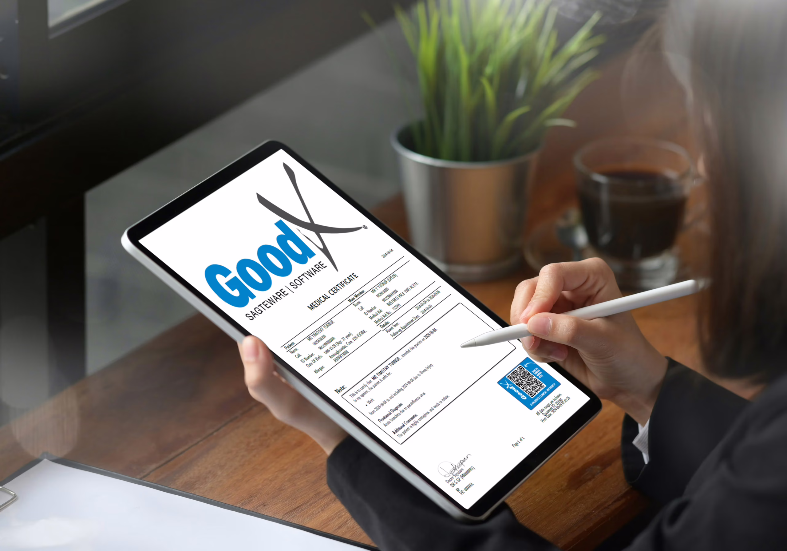 Medical practice management software interface for prescriptions and sick notes, improving efficiency and patient care with GoodX
