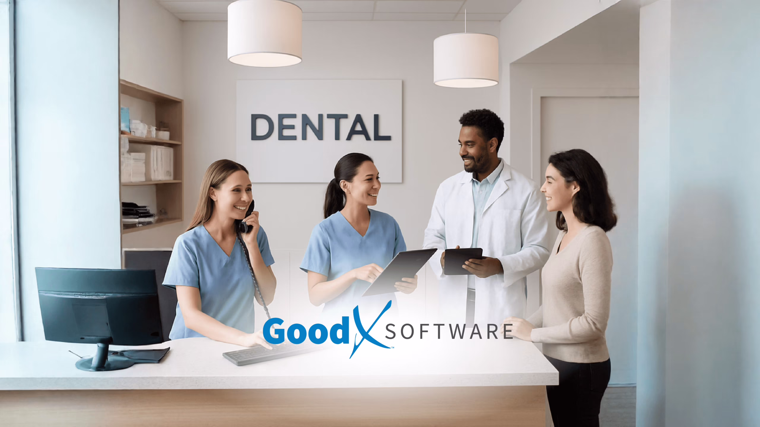 Dental office team efficiently managing front desk tasks and engaging with patients