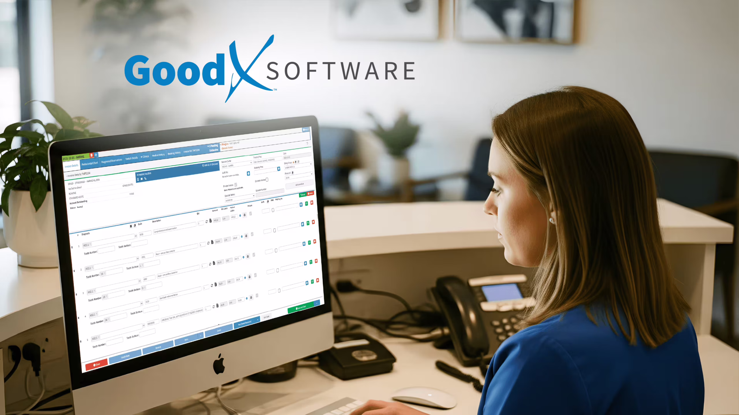 Billing software dashboard on a desktop screen used by a dental receptionist