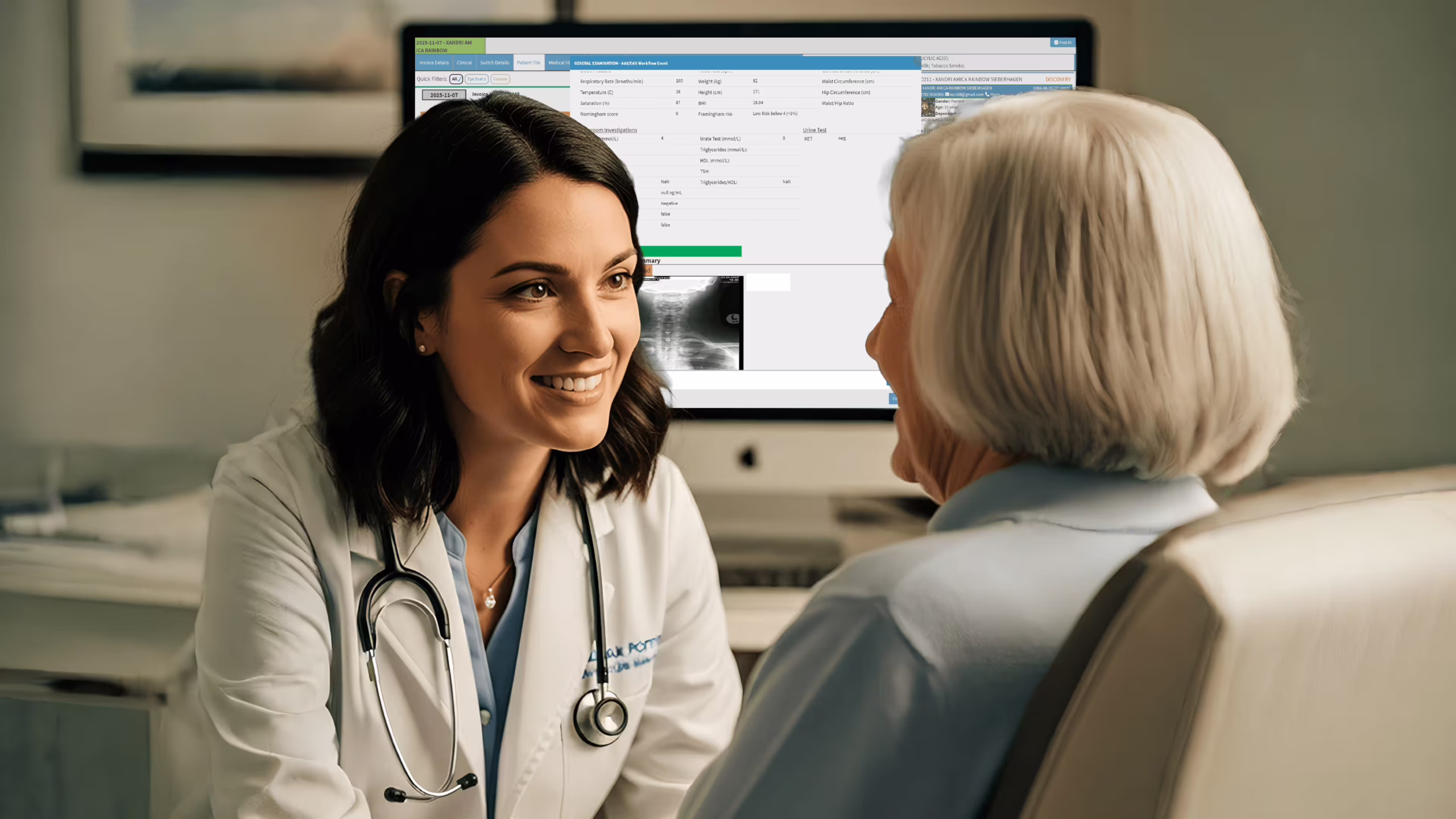 Doctor and patient interacting with medical practice software interface in the background