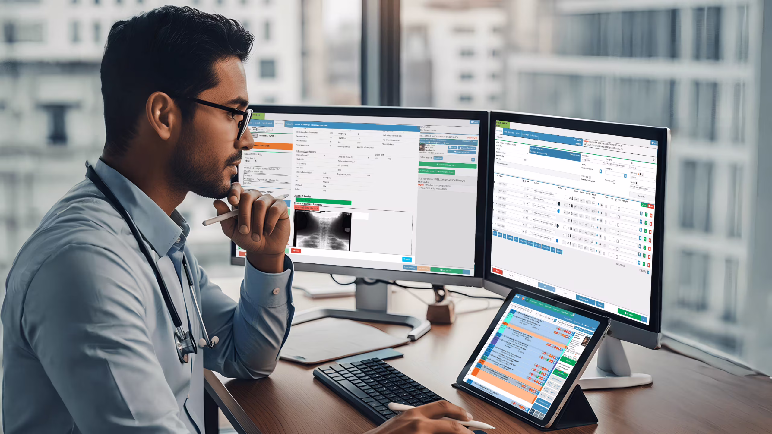 Doctor using complete clinic software on tablet in a modern clinic
