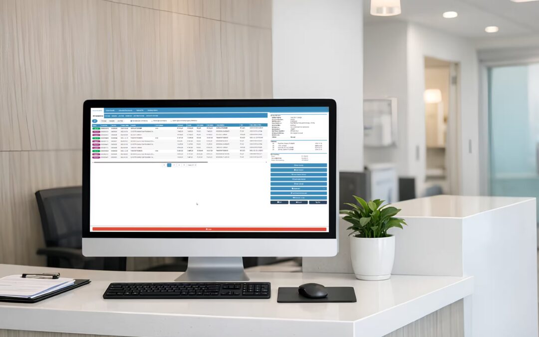 Receptionist managing patient billing using modern medical billing software