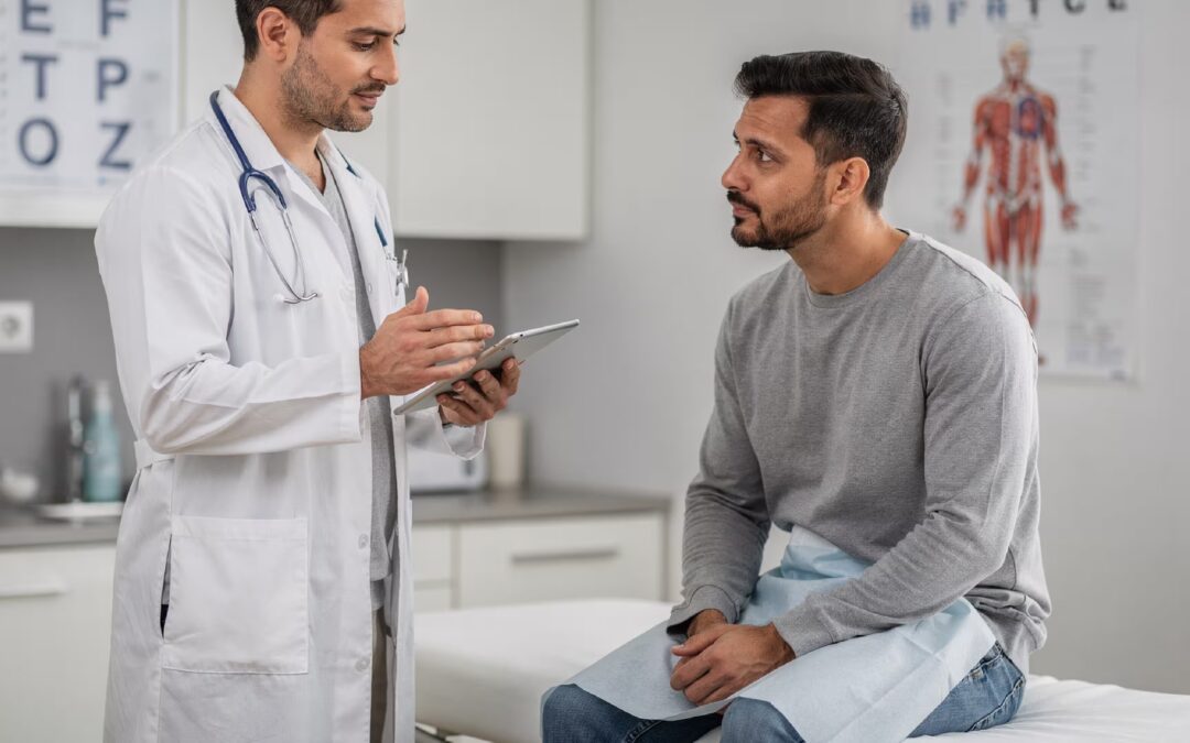 Physician accessing electronic health records on a tablet during patient consultation