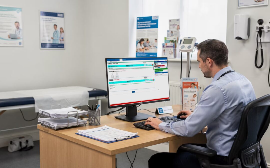 Electronic medical records software dashboard in UK healthcare setting