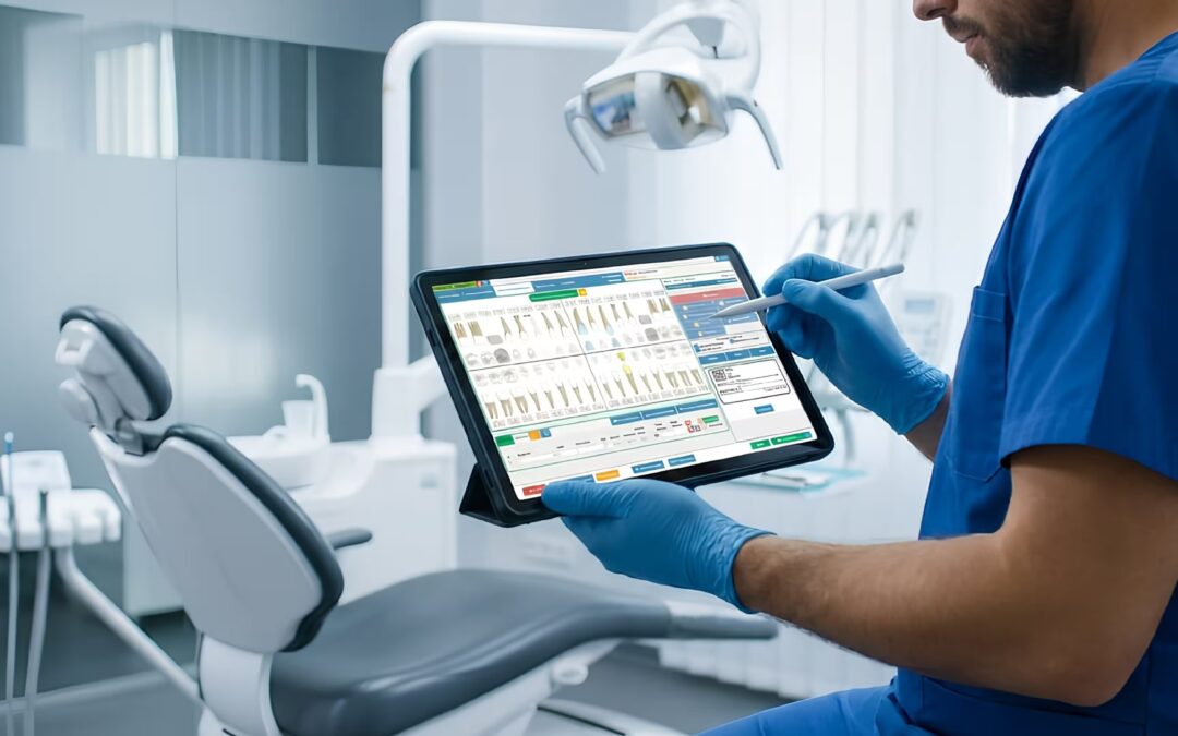 Dentist using modern dental management software on tablet in high-tech clinic