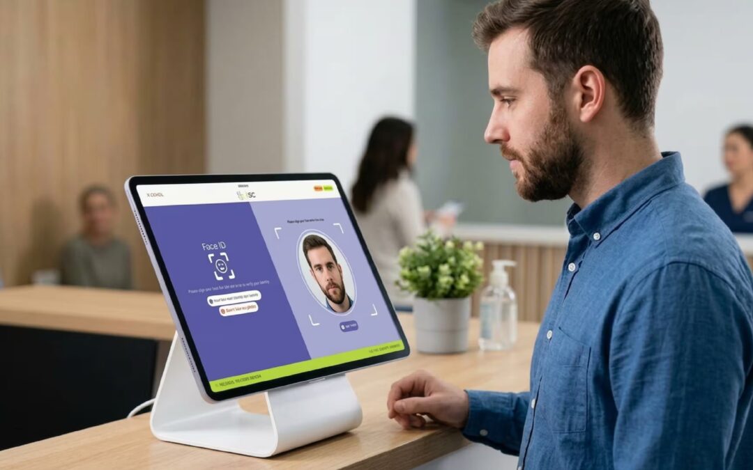 Patient using facial recognition at a clinic self-check-in kiosk