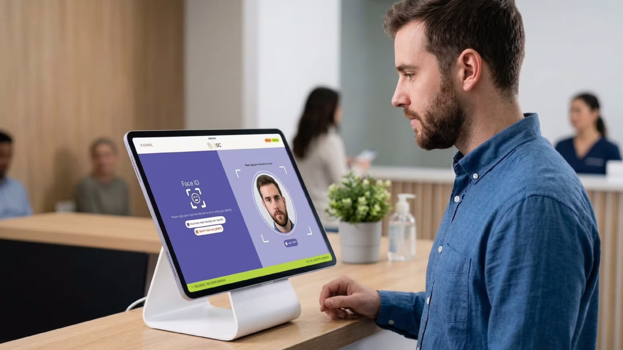 Patient using facial recognition at a clinic self-check-in kiosk