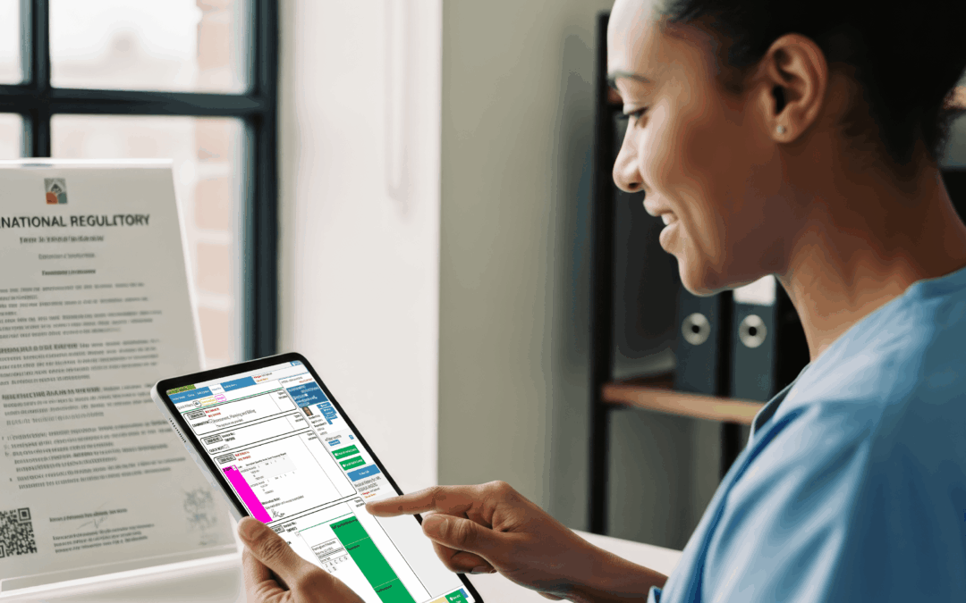 Healthcare professional reviewing whether electronic medical records are mandatory on a tablet in an international clinical setting
