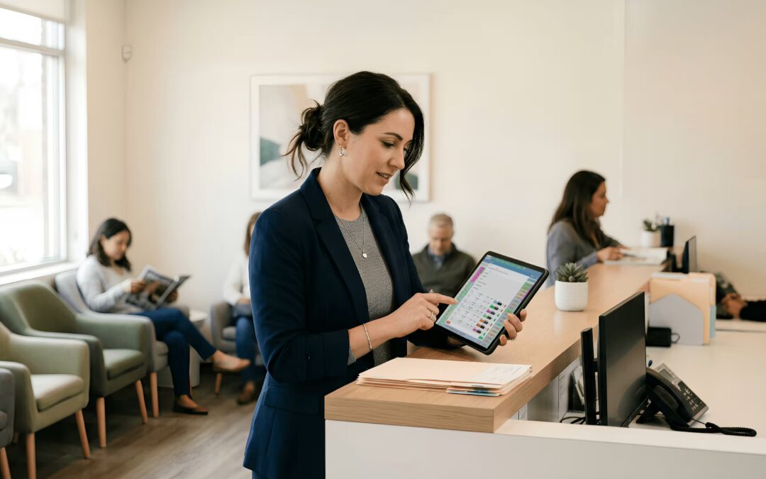 Dental practice manager reviewing clinic management software on a tablet at the front desk