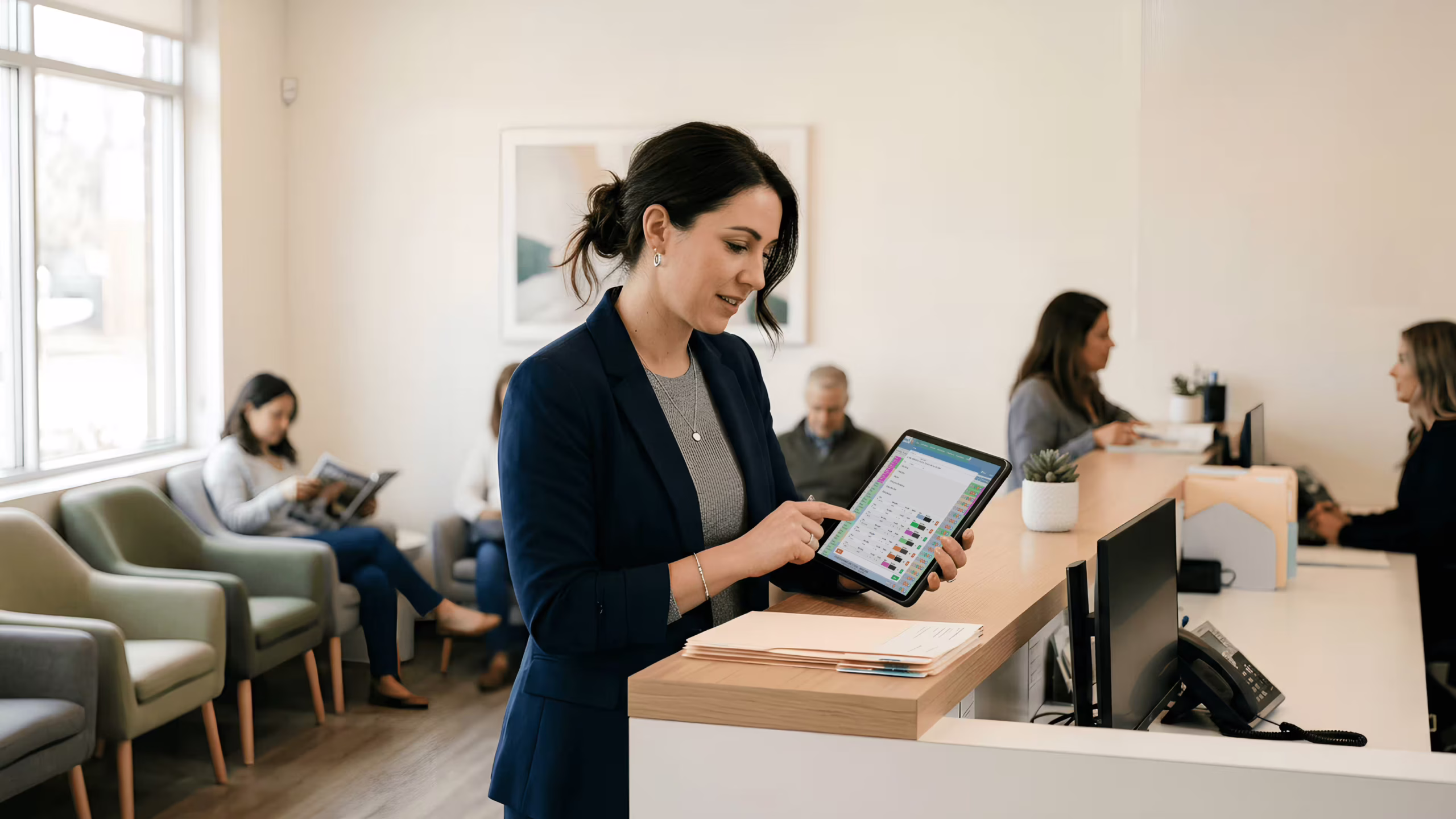 Dental practice manager reviewing clinic management software on a tablet at the front desk