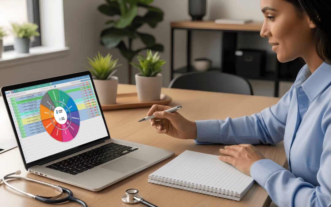 Practice administrator reviewing the most popular medical software options on a laptop at a clinic workstation