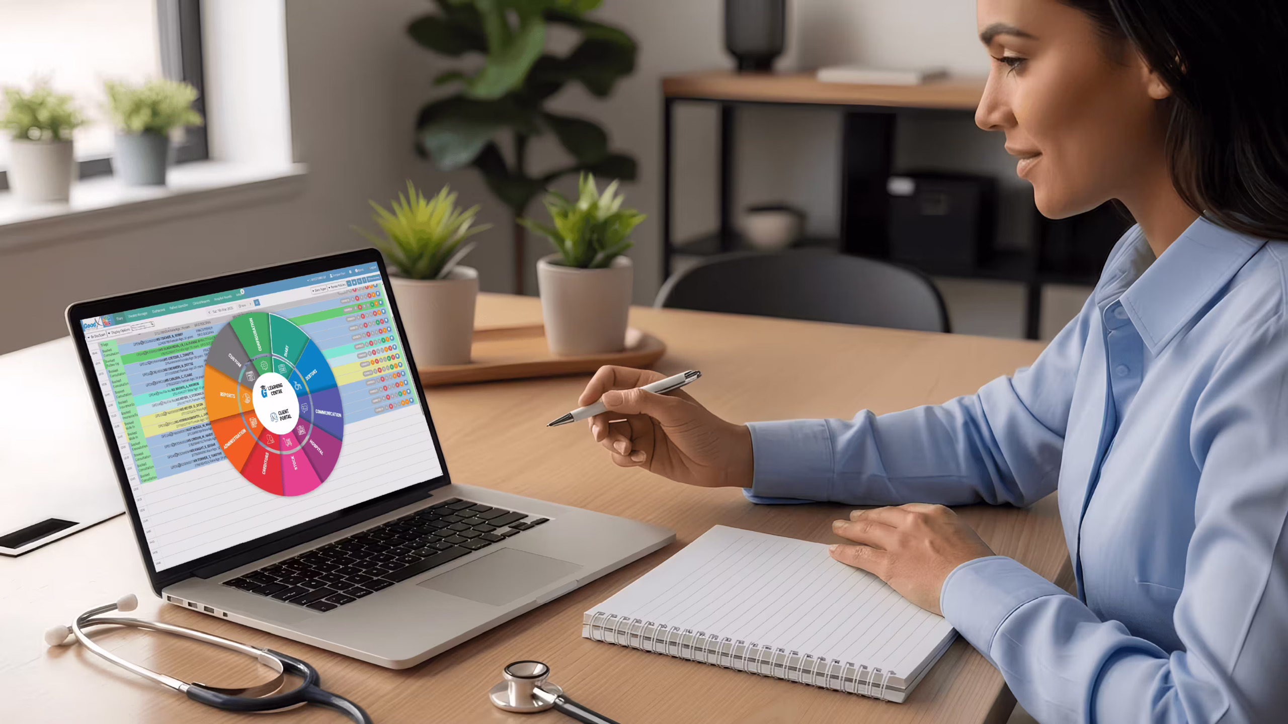 Practice administrator reviewing the most popular medical software options on a laptop at a clinic workstation