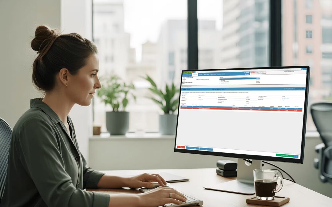 Billing specialist using software for medical billing and coding to submit and track claims